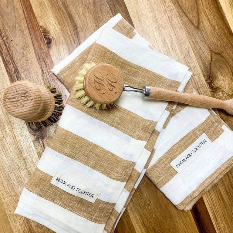 Toffee Stripped Linen Tea Towel