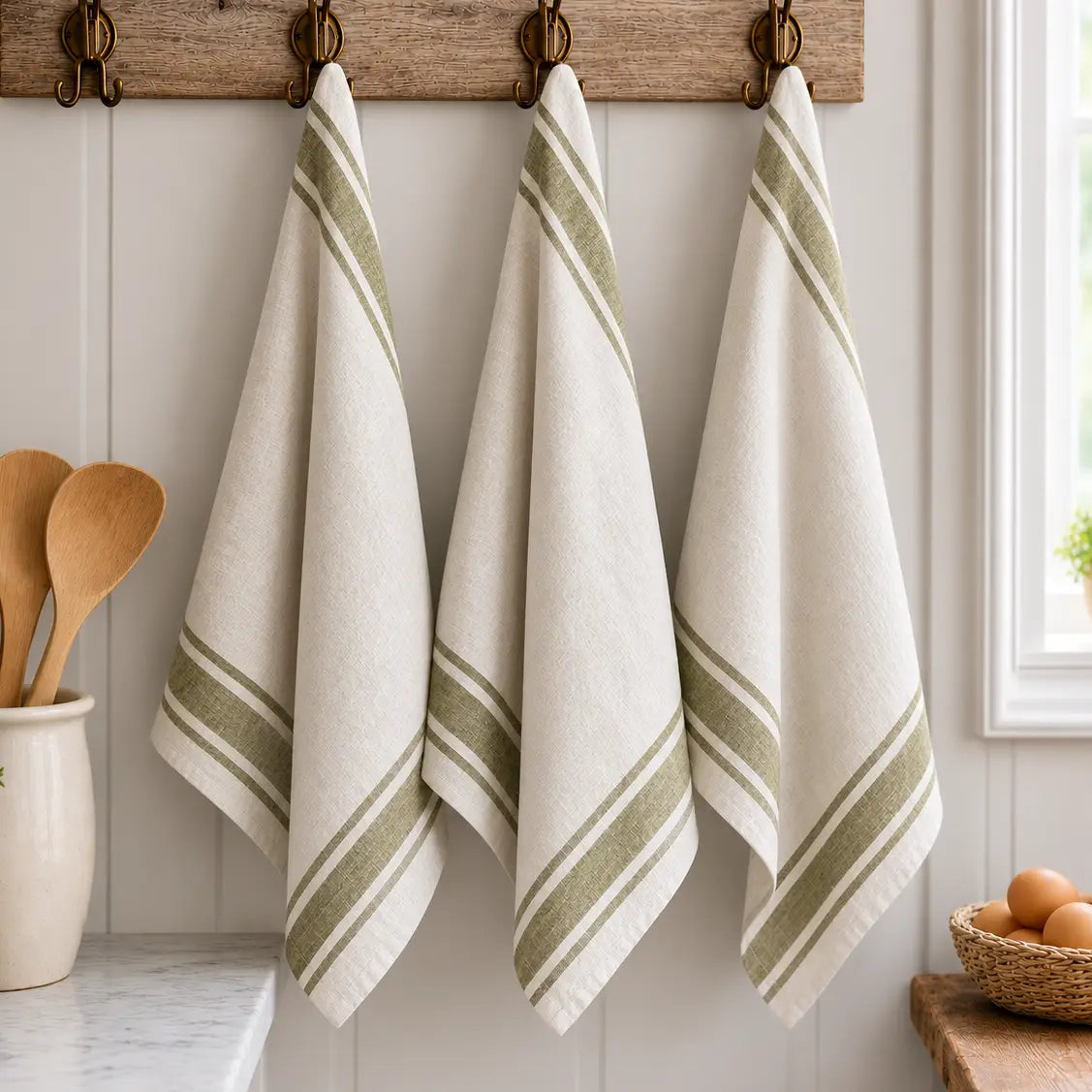 Olive Stripe Linen Tea Towel