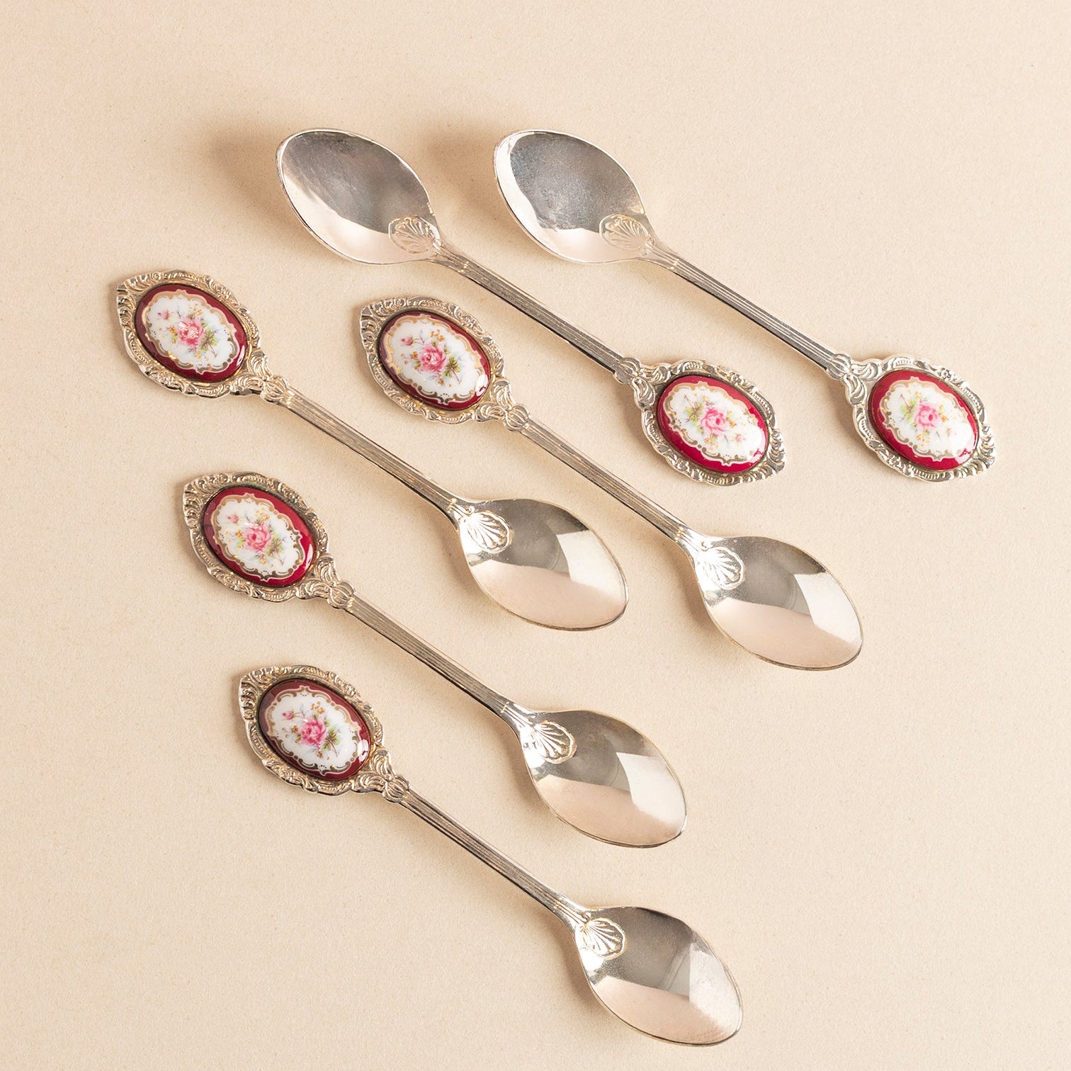 Vintage Silver & Floral Enamel Teaspoons Set of 6