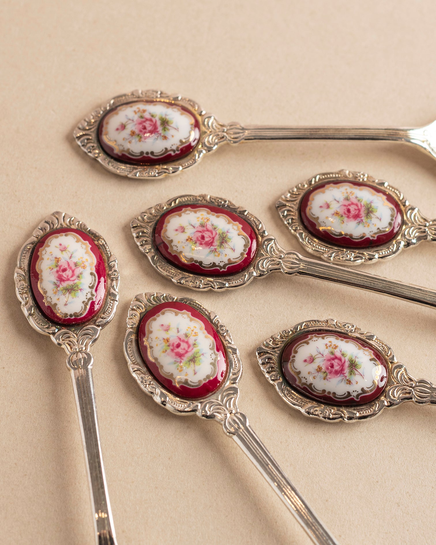Vintage Silver & Floral Enamel Teaspoons Set of 6