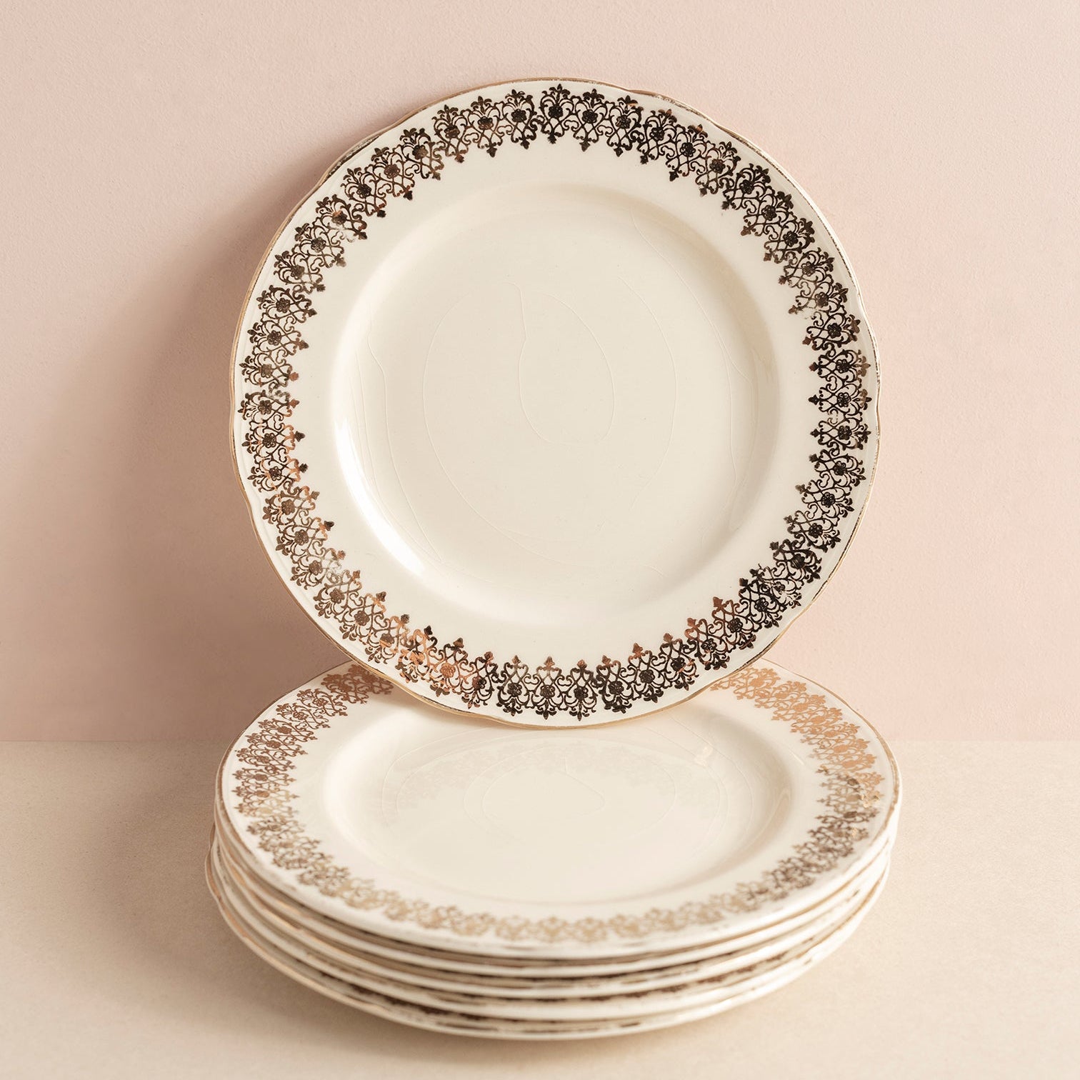 Vintage White & Gold Lace Border Plates Set of 6