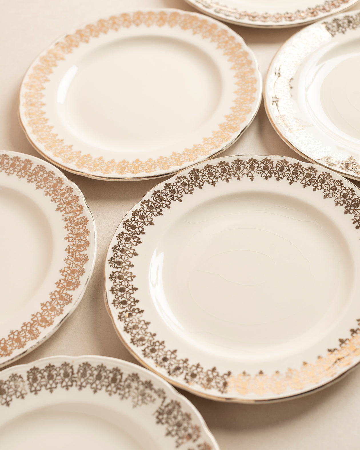 Vintage White & Gold Lace Border Plates Set of 6