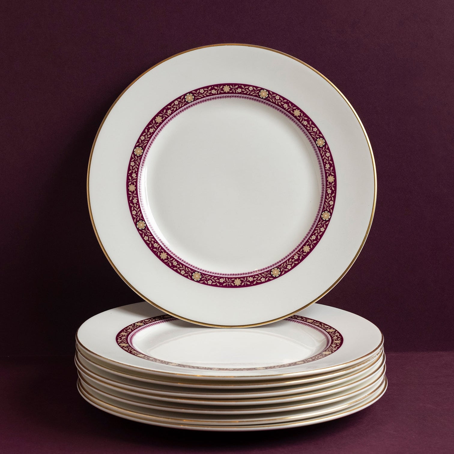 Vintage Cream, Dark Purple and Gold Dinner Plates - Set of 8