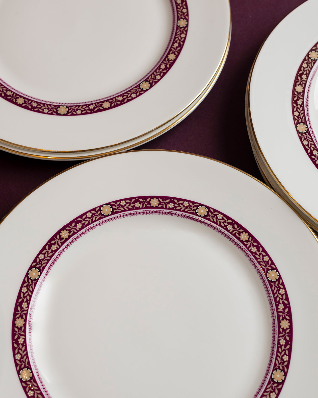 Vintage Cream, Dark Purple and Gold Dinner Plates - Set of 8