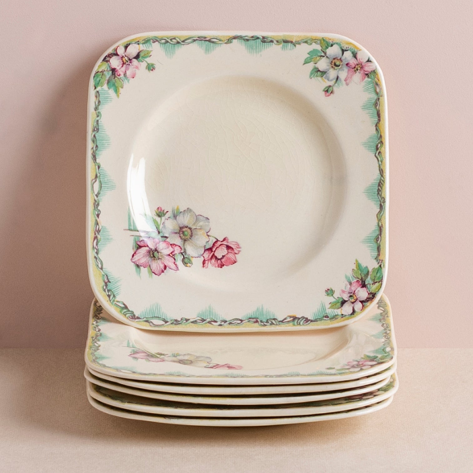 Vintage Square Floral Plates Set of 6