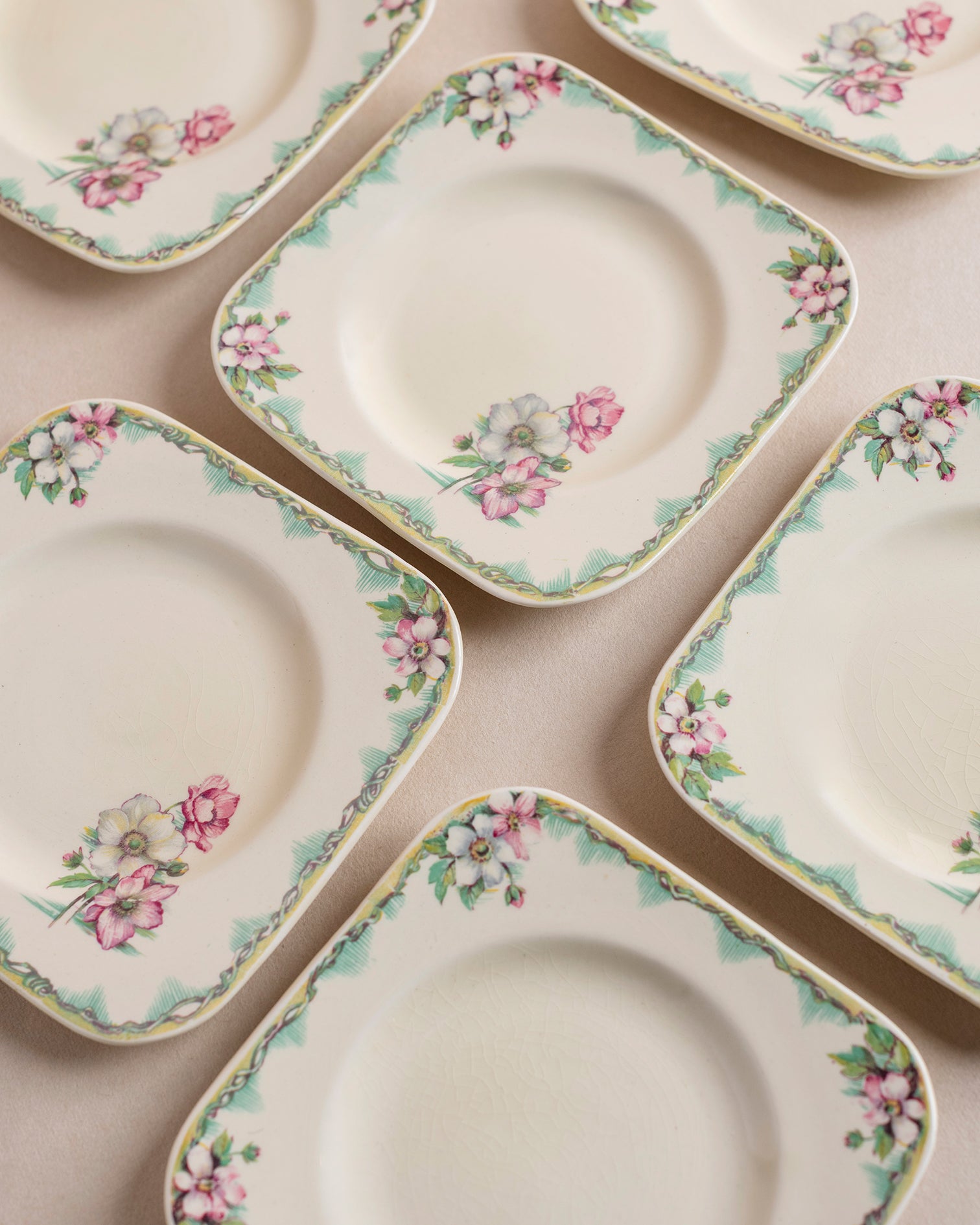 Vintage Square Floral Plates Set of 6