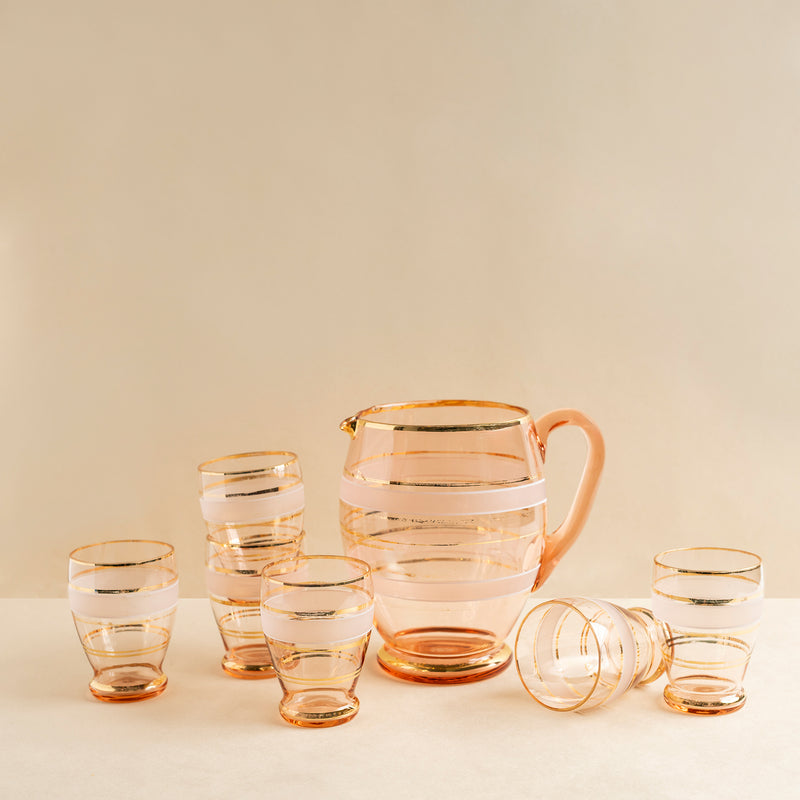Vintage Pink and Gold Jug and 6 Glass Set