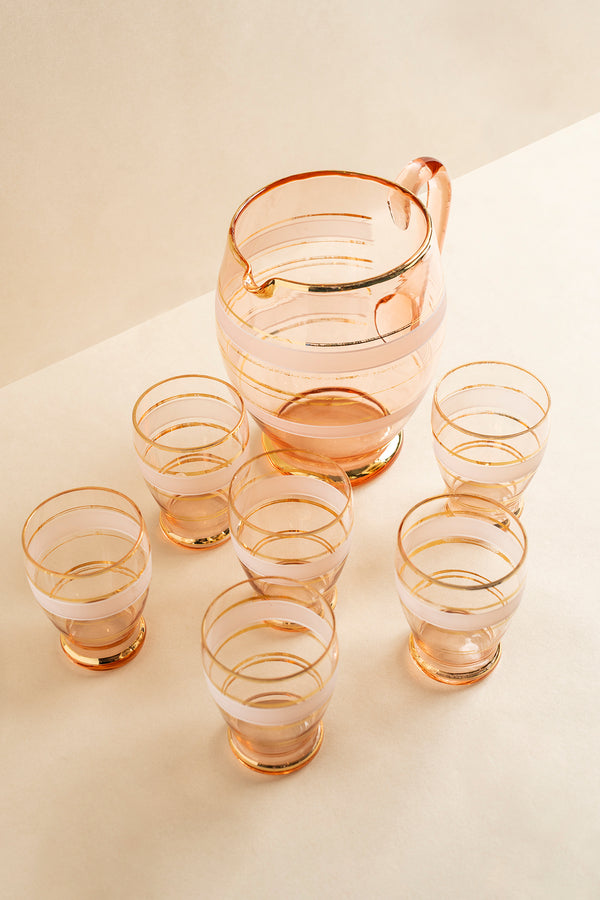 Vintage Pink and Gold Jug and 6 Glass Set