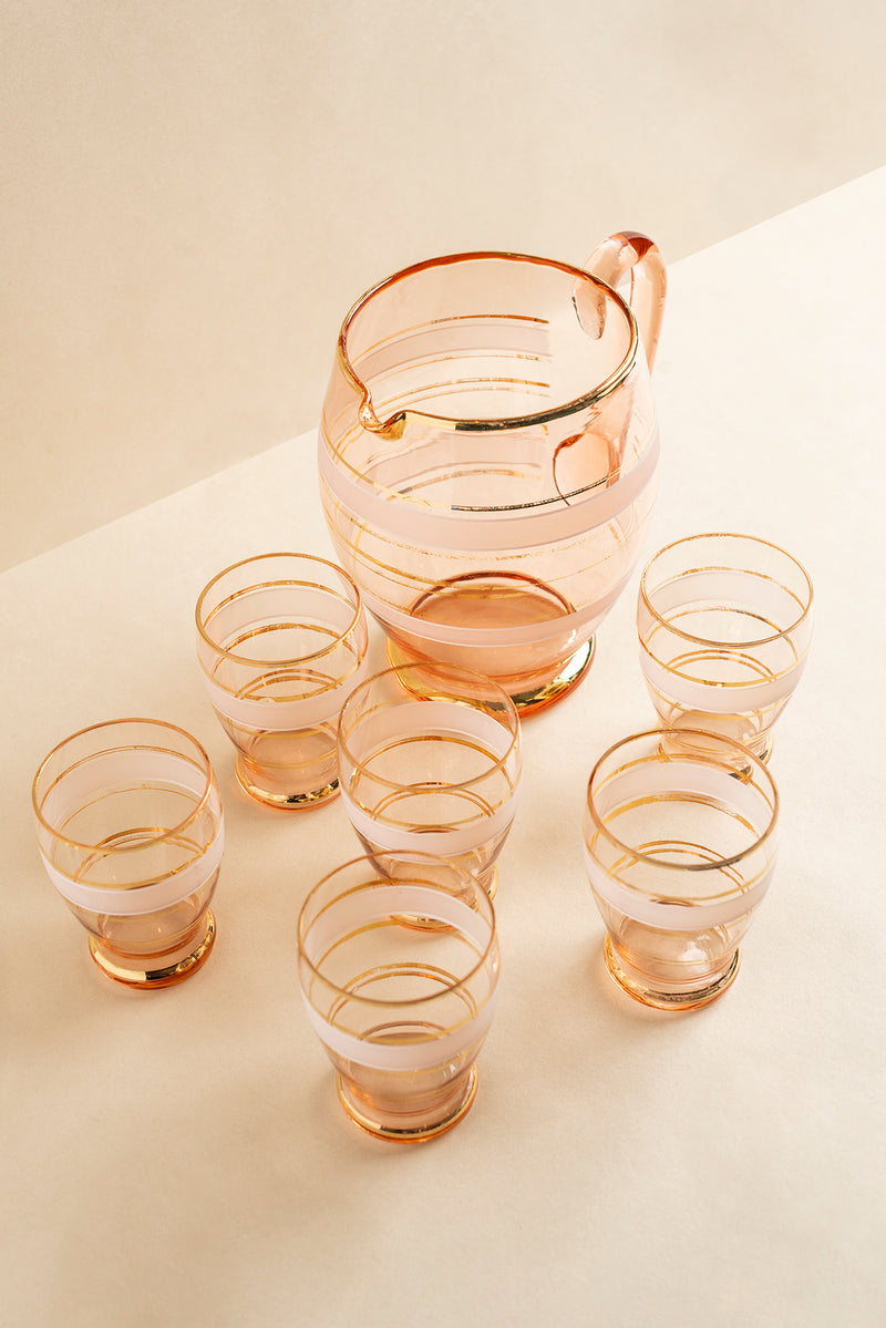 Vintage Pink and Gold Jug and 6 Glass Set