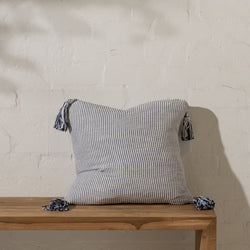 Navy Striped Cotton Cushion with Tassels - Sarah Urban