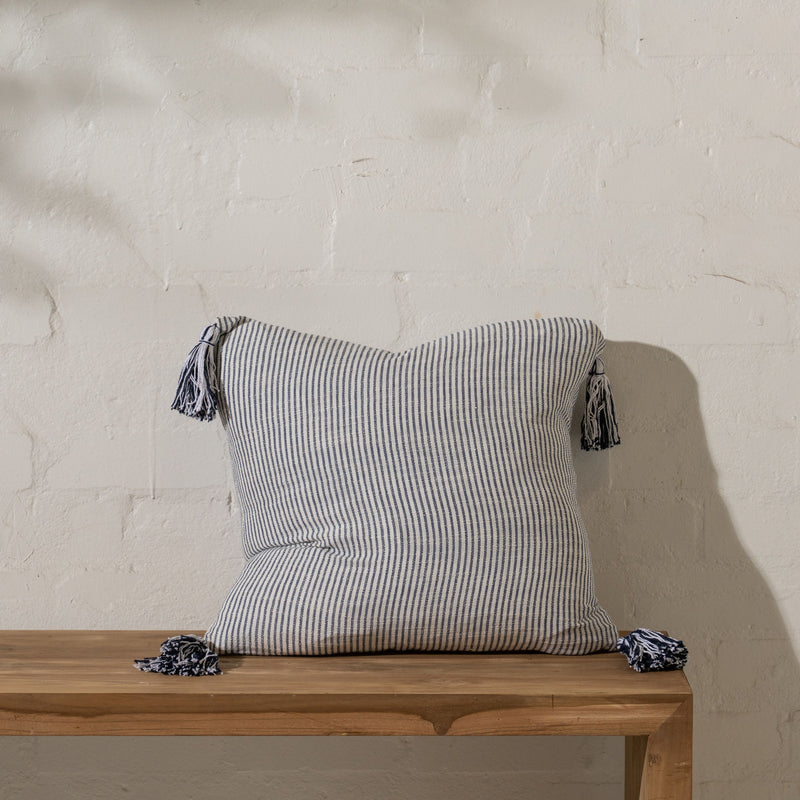 Navy Striped Cotton Cushion with Tassels - Sarah Urban